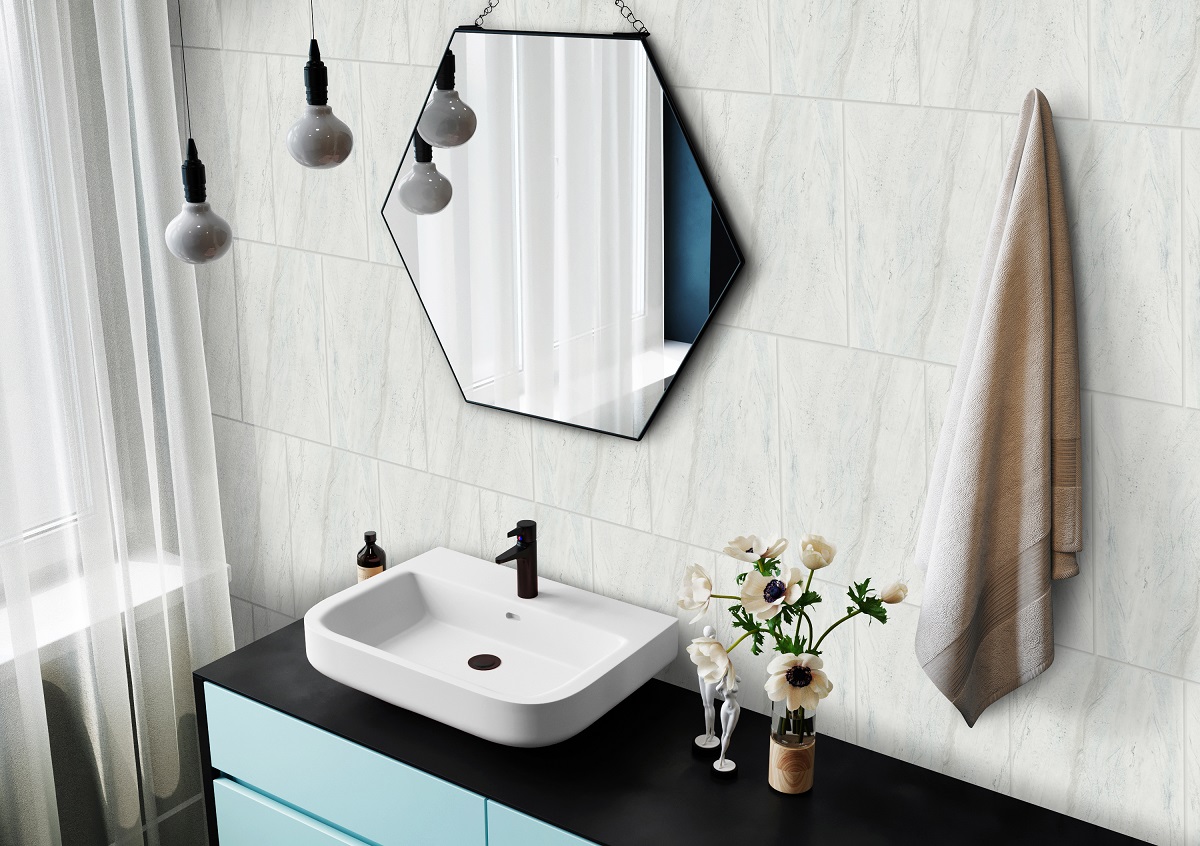 Interior of a modern bathroom with a hexagonal mirror and mosaic walls. 3d rendering