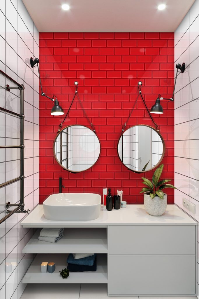 3d rendering. Interior of a modern bathroom with a mosaic on the wall. Ceramic mosaic of red and white colors.
