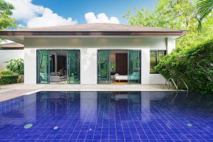 Exterior design of house, home and villa feature swimming pool,